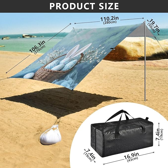 ALAZA Eggs in A Basket with A Beautiful Bunny Ears Beach Tent Sun Shelter Portable Canopy Sunshade for Outdoor Camping Picnics Backyard Fun 10x9 ft