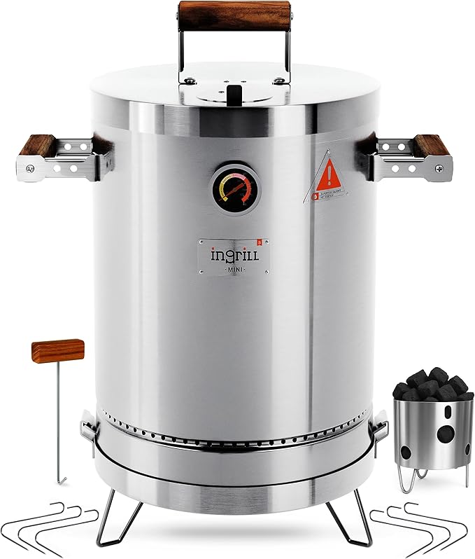 Charcoal Grills - Basic Mini 6 lbs - 3-in-1 Stainless Steel Ultra-Portable Charcoal Smoker for Outdoors Camping and Home BBQ - Vertical Smoker Barrel Grill with Thermometer &amp Accessories