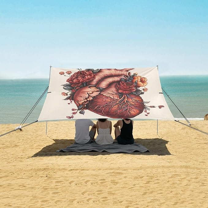 ALAZA Heart Flower Gothic Beach Tent Sun Shelter UPF50+ Protection Beach Shade Canopy w/ 4 Sandbags for Outdoor Camping Fishing Backyard Fun Picnic 10x9 ft