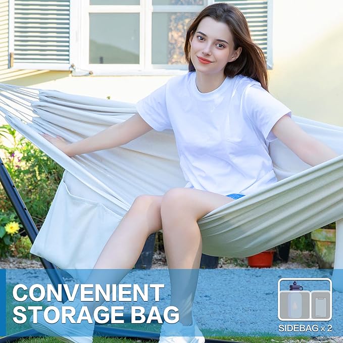 PNAEUT Double Hammocks with Stand for Outside Portable Space Saving Heavy-Duty Steel Stand for Indoor Outdoor Patio with Carrying Bag 450 lbs Capacity (Beige)