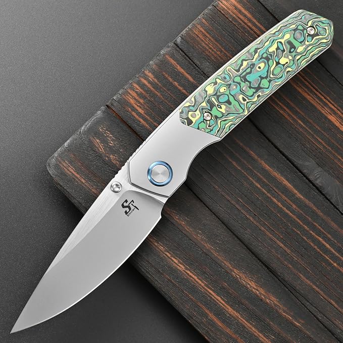Sitivien ST271 Folding Knife M390 Steel Blade Titanium &amp Carbon Fiber Handle Knife with Pocket Clip for Men Women Outdoor Camping Hiking Survival(Green)