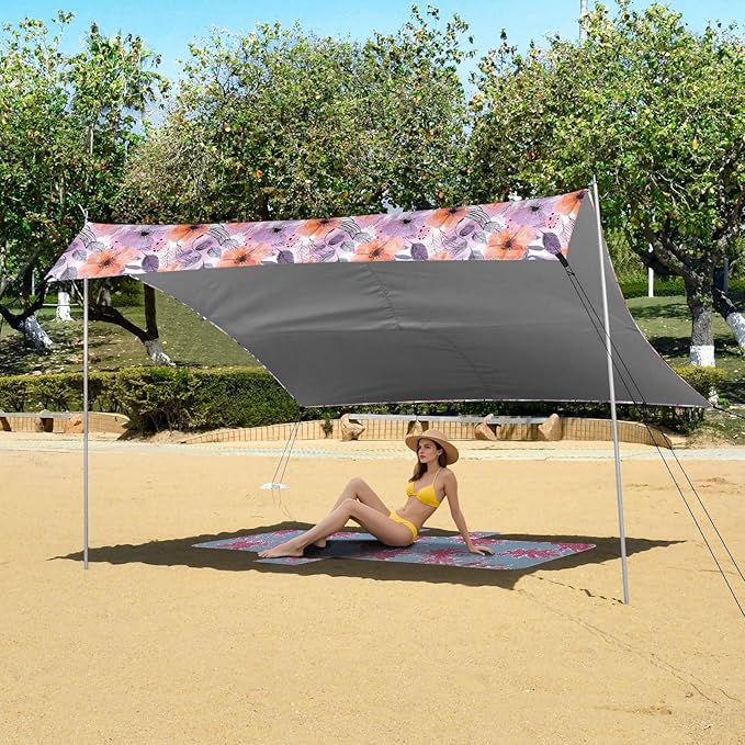 ALAZA Purple Orange Poppy Beach Tent Sun Shelter UPF50+ Protection Beach Shade Canopy w/ 4 Sandbags for Outdoor Camping Fishing Backyard Fun Picnic 10x9 ft