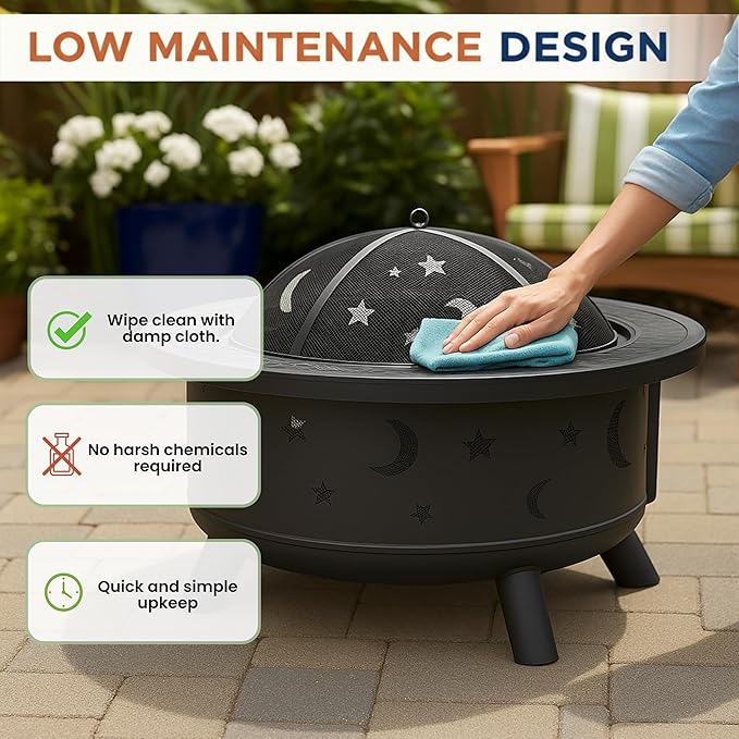 Fire Pit - 32-Inch Outdoor Wood Burning Firepit with Screen Poker and Cover - Outdoor Fire Pits for Backyard Deck or Patio by Pure Garden (Black)