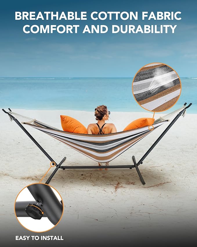 Everyfun Double Hammock with Space-Saving Steel Stand 2 Person Heavy-Duty Hammock for Garden Yard or Outdoor 600lbs Capacity Coffee