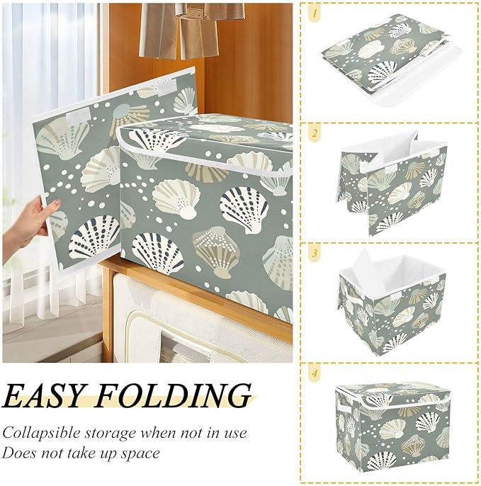 Storage Bins With Lid Stackable Fabric Closet Organizer Clothing Storage Large Boxes For Closet Shelves Bedroom Gray Seashell Pattern