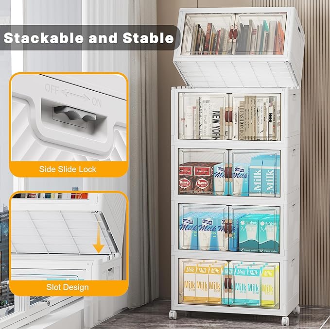 UAMFURI Stackable Storage Bins with Lids 260QT Closet Organizers and Storage with Doors and Wheels Extra Large Storage Cabinet Collapsible Plastic Drawers for Bedroom Dorm Office Garage
