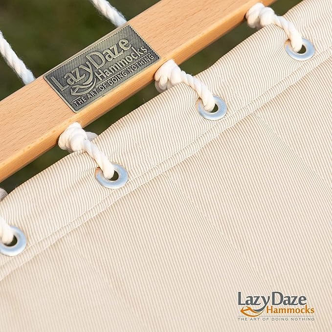 Lazy Daze Hammocks 12 FT Double Quilted Fabric Hammock with Spreader Bar and Detachable Pillow 2 Person Hammock for Outdoor Patio Backyard Poolside 450lbs Weight Capacity Natural