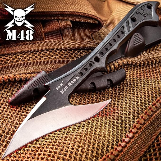 M48 Hawk Harpoon with Molded Locking and Sheath | Stainless Steel Blade | Wicked Curve for Multiple Purposes | Lashing Holes for Attachment | Great for Hunting and Fishing | Rubberized Molded Sheath