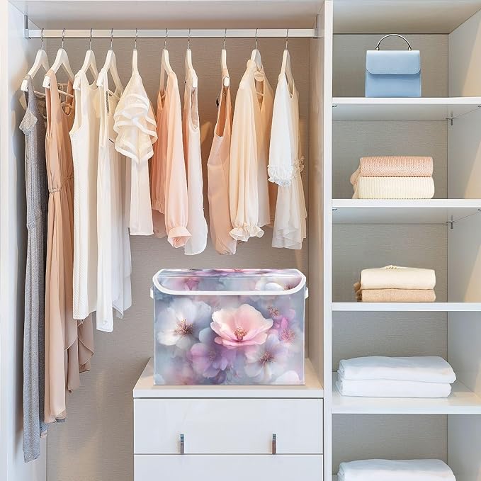 Collapsible Storage Bins with Lids Decorative Fabric Storage Cubes Closet Organizer and Storage Basket Boxes Containers for Clothes Box Chest Folding Rectangle Blue Purple Cherry Blos
