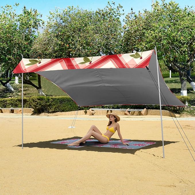 Beach Canopy with Windproof Ropes &amp Sandbags Beach Tent Sun Shade Sun Shelter for Camping Trips Fishing Backyard Fun or Picnics Cherry