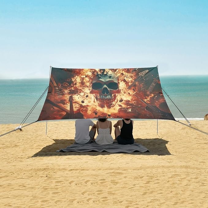 Flaming Guitar Skull Rock Beach Tent Sun Shelter Set UPF50+ UV Protection 10.5 x 9.19 FT Camping Shade Canopy with Sandbags Sand Anchors Carrying Bag and Others
