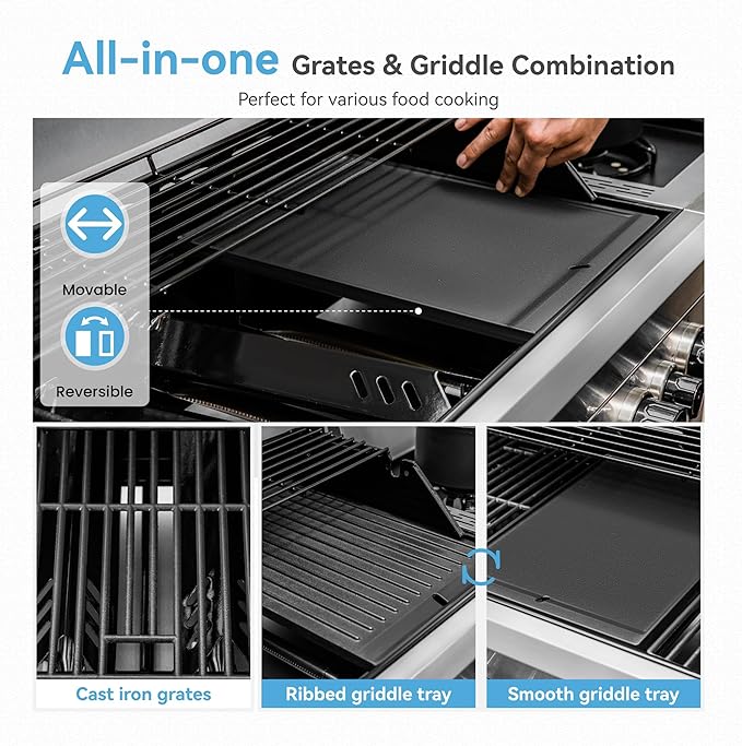 2 in 1 Propane Griddle Grill Combo 6-Burner Propane Gas BBQ Grill with Porcelain-Enameled Cast Iron Grates &amp Plate 42000 BTU Combo Grill with Side Stove for Outdoor Cooking Camping Patio Backya