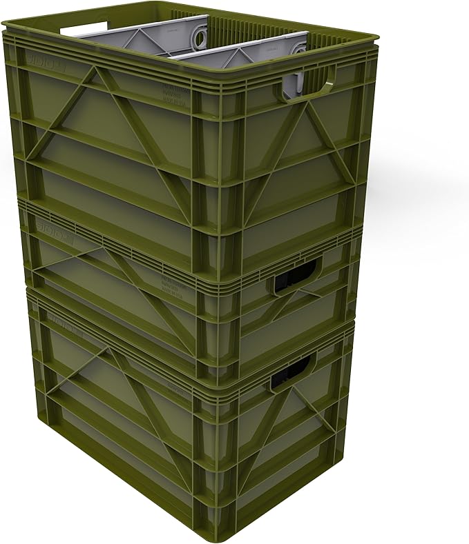 SIDIO Crate Basic Pack - 2 Full-Size &amp 1 Half-Size Heavy Duty Stackable Storage Bins Totes and Containers with Dividers - Durable Plastic Organizer for Home Office Garage and Outdoor Use Gree