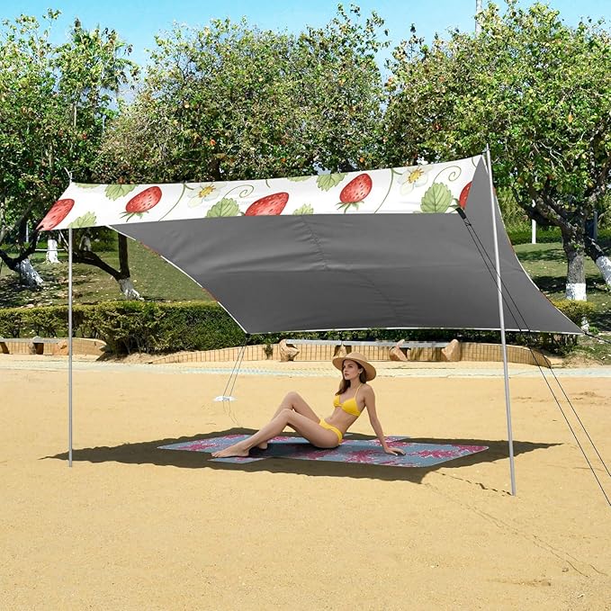 xigua Strawberry Beach Tent Sun Shelter with Carrying Bag - Silver Coated Oxford Fabric Beach Canopy for Beach Camping Fishing - Includes Windproof Ropes Sandbags &amp Stakes
