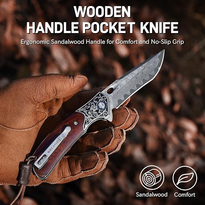 Damascus Pocket Knife with Wood Handle Sharp 3.23 Damascus Steel Blade Folding Knives EDC Knifes for Camping Hiking Collection