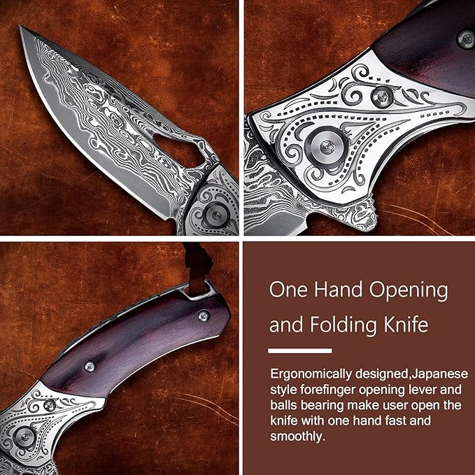 Handmade Damascus Steel Flipper Folding Knife with Pocket Clip Liner Lock Tactical Knife for Camping Hunting Fishing and EDC