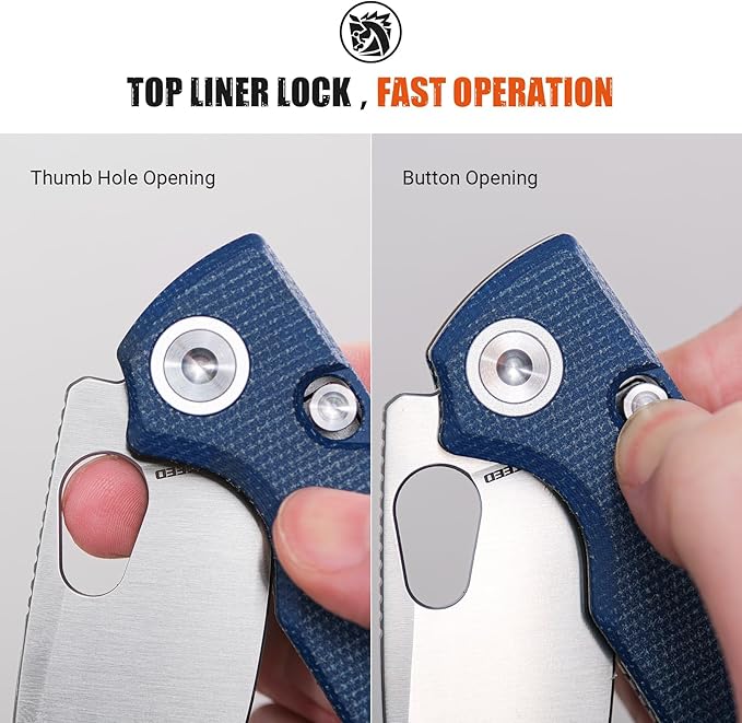 Vosteed Porcupine EDC Pocket Knife Lightweight Folding knife - 2.99 14C28N Steel Blade Thumb hole Blue Micarta Handle Top Liner Lock Knives for Camping Survival - A2605