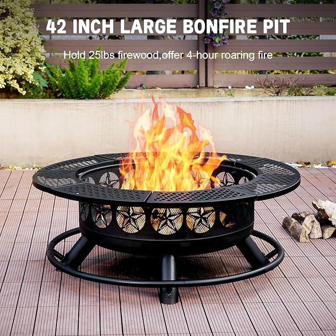 42 Inch BBQ Fire Pit with 2 Grills3-in-1 Outdoor Round Metal Fire Pit Table with LidFire PokerLarge Outdoor Wood Burning Firepits for OutsidePicnicBonfire Backyard Patio(Black)