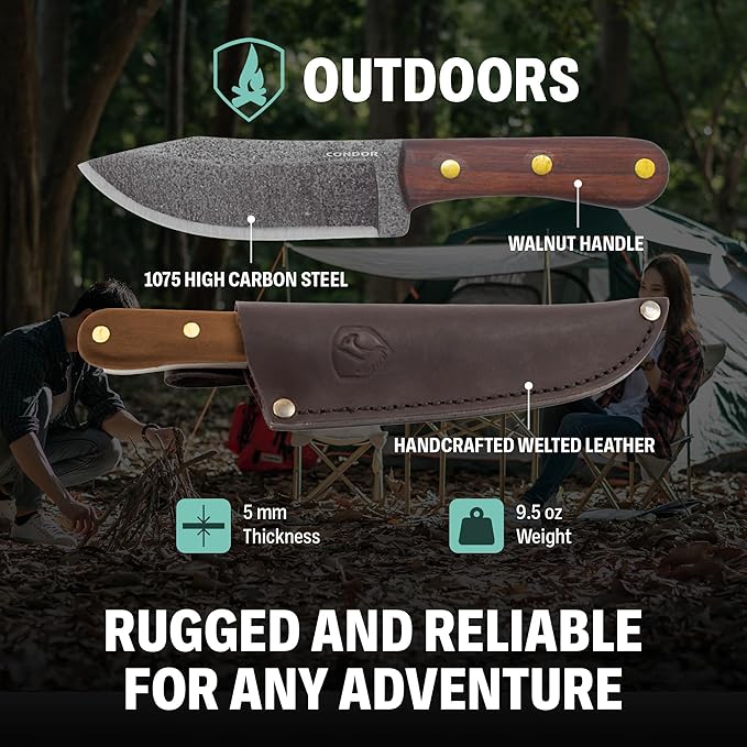 Condor Tool &amp Knife Mini Hudson Bay Fixed Blade Hunting Knife - 1075 High Carbon Steel - Hand Crafted Welted Leather Sheath - 4.9in Blade - 5mm Thick - 9.5oz