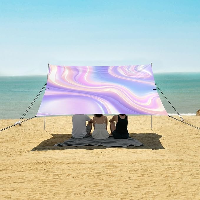 Beach Canopy with Windproof Ropes &amp Sandbags Beach Tent Sun Shade Sun Shelter for Camping Trips Fishing Backyard Fun or Picnics Purple Texture