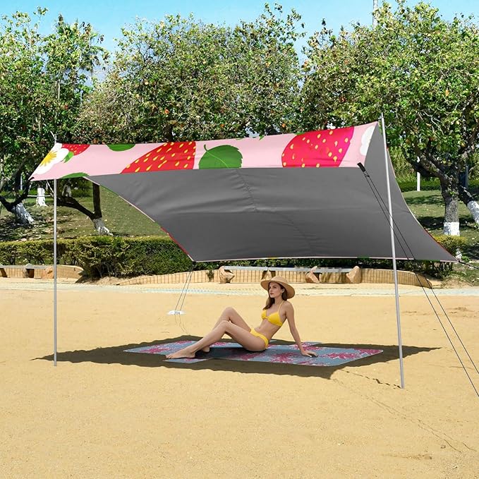 xigua Strawberries Beach Tent Sun Shelter with Carrying Bag - Silver Coated Oxford Fabric Beach Canopy for Beach Camping Fishing - Includes Windproof Ropes Sandbags &amp Stakes