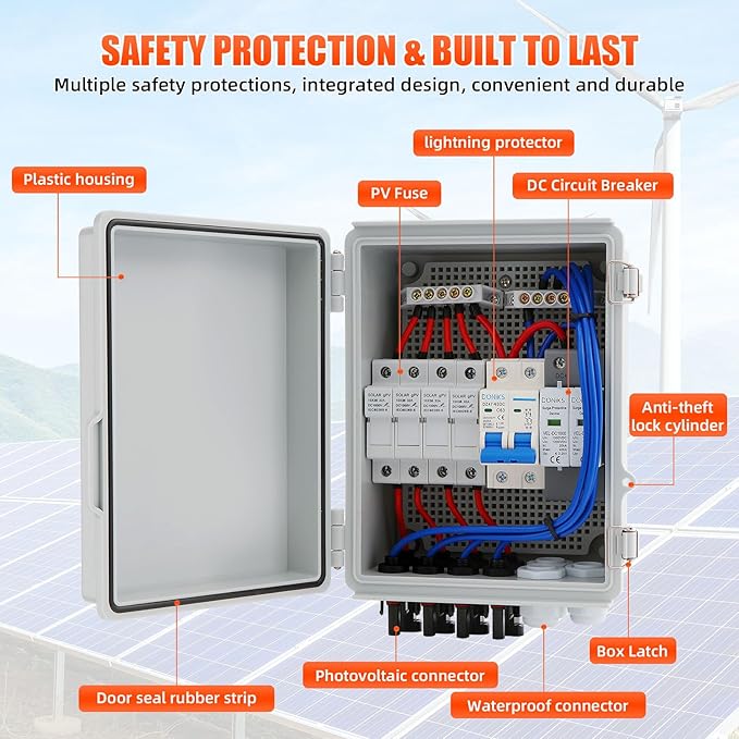 4 String Solar Combiner Box IP65 Waterproof PV Combiner Box with 20A Rated Current Fuse 63A Air Circuit BreakerLightning Arrester for On/Off Grid Solar Panel System