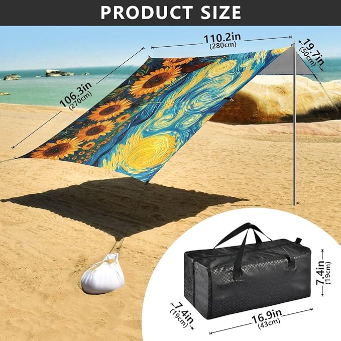 ALAZA Starry Sky Sunflowers Gogh Beach Tent Sun Shelter UPF50+ Protection Beach Shade Canopy w/ 4 Sandbags for Outdoor Camping Fishing Backyard Fun Picnic 10x9 ft