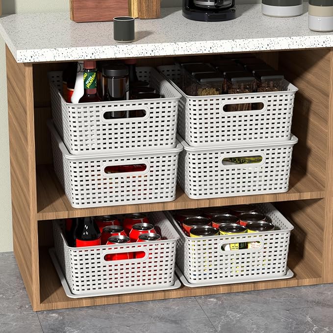 6 Packs Plastic Woven Storage Basket with Lid Stackable Lidded Storage Baskets for Shelves (White)