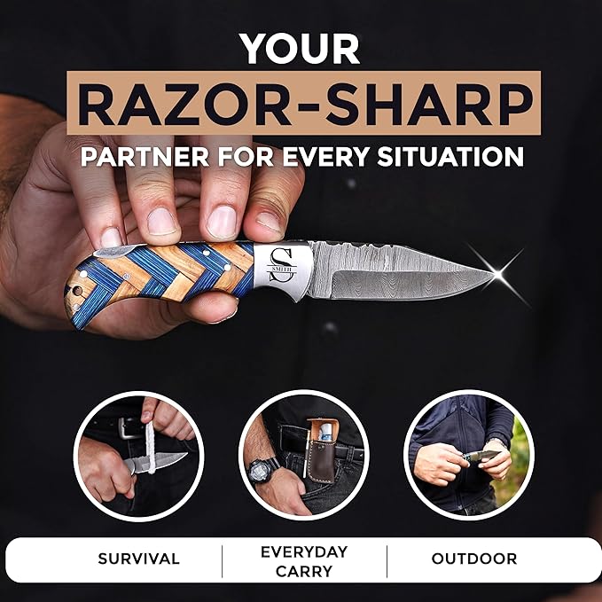 Custom Pocket Knife gifts for Men Personalized Damascus Folding Knife Engraved Gifts for Him Dad Boyfriend Husband Anniversary Groomsmen Gifts. Custom Knife for Camping Hunting Everyday Carry (