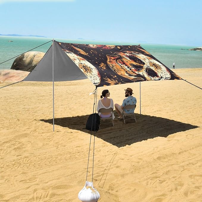 ALAZA Mexican Skulls Beach Tent Sun Shelter UPF50+ Protection Beach Shade Canopy w/ 4 Sandbags for Outdoor Camping Fishing Backyard Fun Picnic 10x9 ft