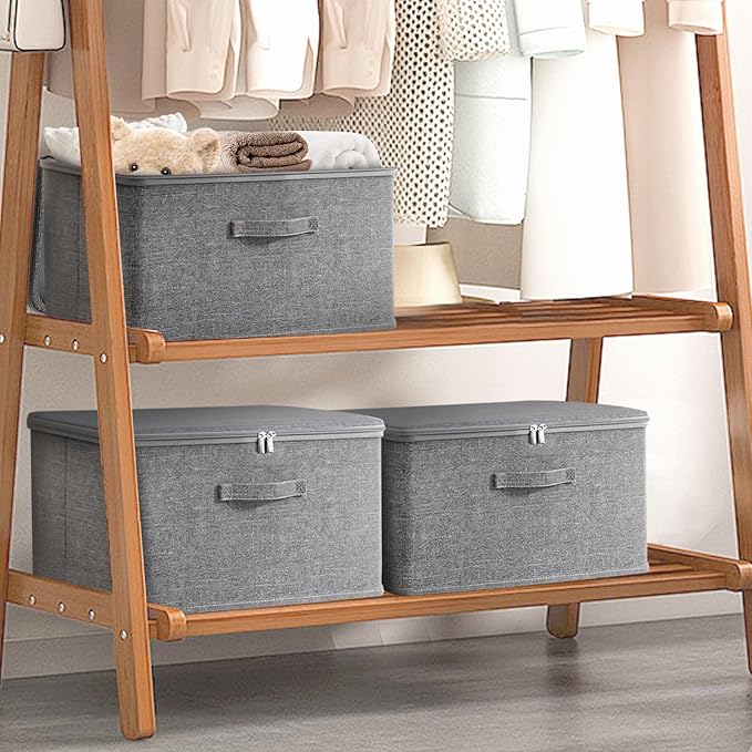Collapsible Storage Bins for Home OrganizationGrey storage Bins Waterproof Fabric Foldable Organizer Boxes [3 Pack] 17.72in x 13.78in x 10.24in (45CM x 35CM x 26CM)