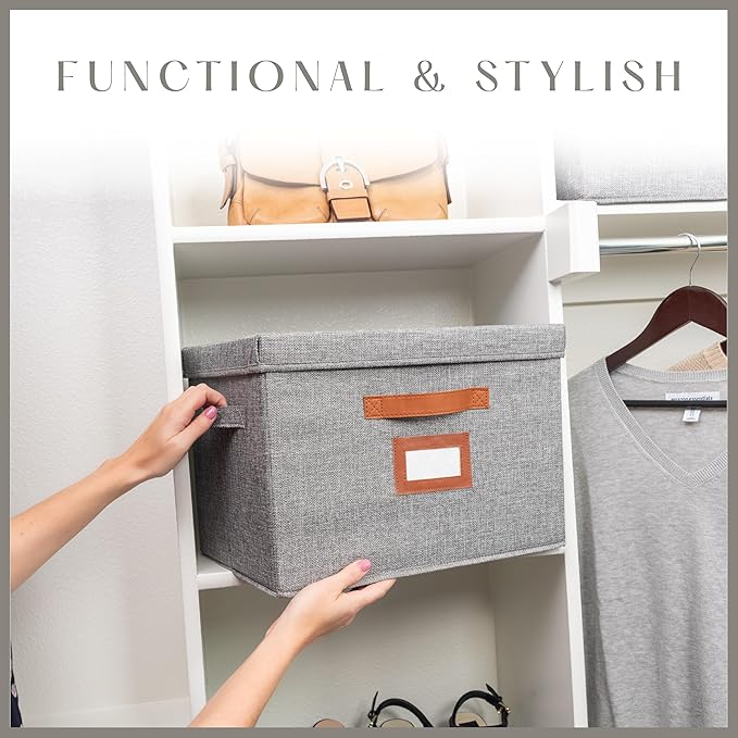 3 Pack Large Fabric Storage Boxes with Lids (15.75 x 11.25 x 11.25) - Decorative Bin with Lid Label Holder Faux Leather Handles - Large Storage Boxes for Organizing Clothes Blankets - Grey