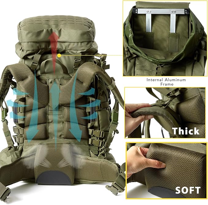 MT Military Army Large Rucksack with Detacheable Assault Backpack Hydration Pack Shoulder Straps and Waist Belt Metal Frame | Detacheable Hydration Pack Shoulder Straps Waist Belt Metal Frame
