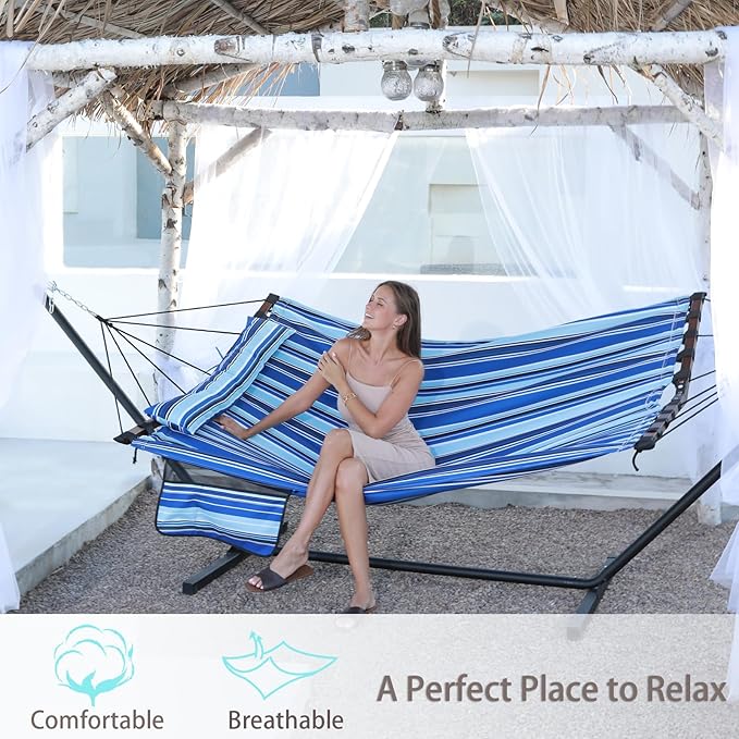 TegerDeger 12FT 2 Person Hammock Large Hammock 450LB Capacity with V Shaped Hardwood Spreader Bar &amp Nylon Rope for Outside Patio Garden Backyard Beach Poolside - Blue Stripes