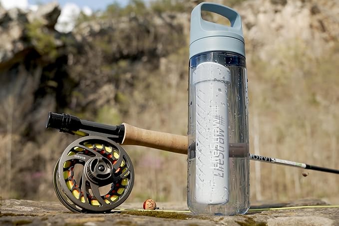 LifeStraw Go Series – BPA-Free Water Filter Bottle for Travel and Everyday use removes Bacteria parasites and microplastics Improves Taste 22oz Icelandic Blue