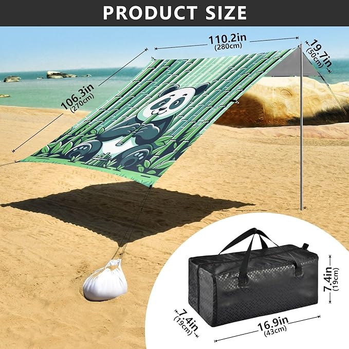 ALAZA Panda Bamboos Beach Tent Sun Shelter UPF50+ Protection Beach Shade Canopy w/ 4 Sandbags for Outdoor Camping Fishing Backyard Fun Picnic 10x9 ft