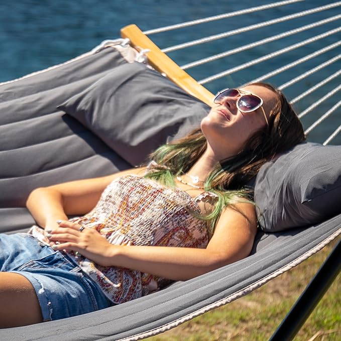 55in Hammock with Stand Heavy Duty Hammock with Stand Included Two Person Hammock with Curved Spreader Bar Pillow and Portable Bag 450 Lbs Capacity Dark Gray