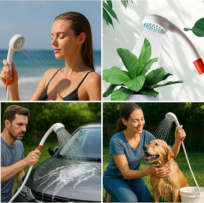 SEAFLO Portable Camping/Outdoor Shower Rechargeable Battery 2.64 Gallons Per Min 40-Minute Runtime Outdoor Camping Pet Washing Type-C Charging 80 Hose (with or Without 2.6 Gallon Bucket)