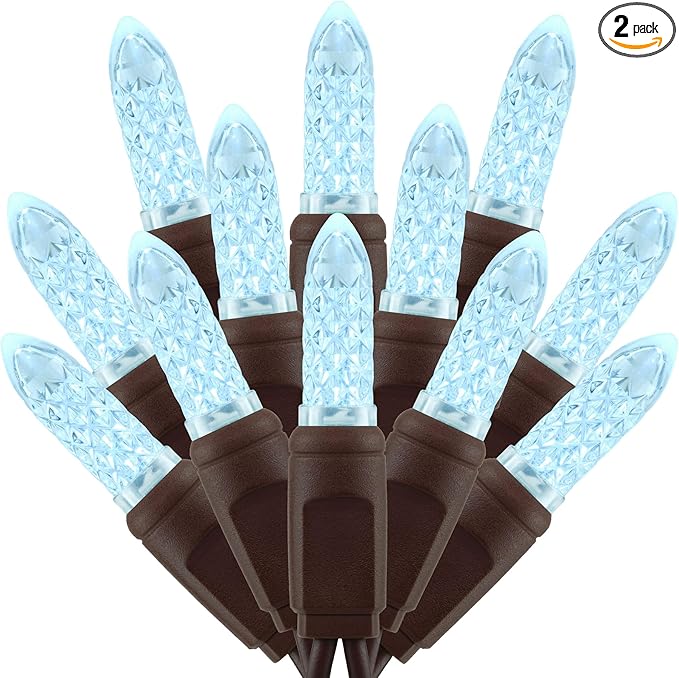 Cool White Faceted One-Piece LED Christmas Lights 48 Feet 140 Count Pack of 2 Strands 70ct M6 High Waterproof UL Certified Brown Cord String Lights
