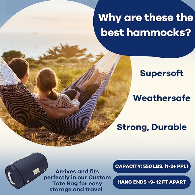 Handwoven Hammock by Yellow Leaf Hammocks - Family Size Fits 2+ PPL 550lb max - Weathersafe Super Strong Easy to Hang Ultra Soft Artisan Made - Color: Stripe Navy Blue - White