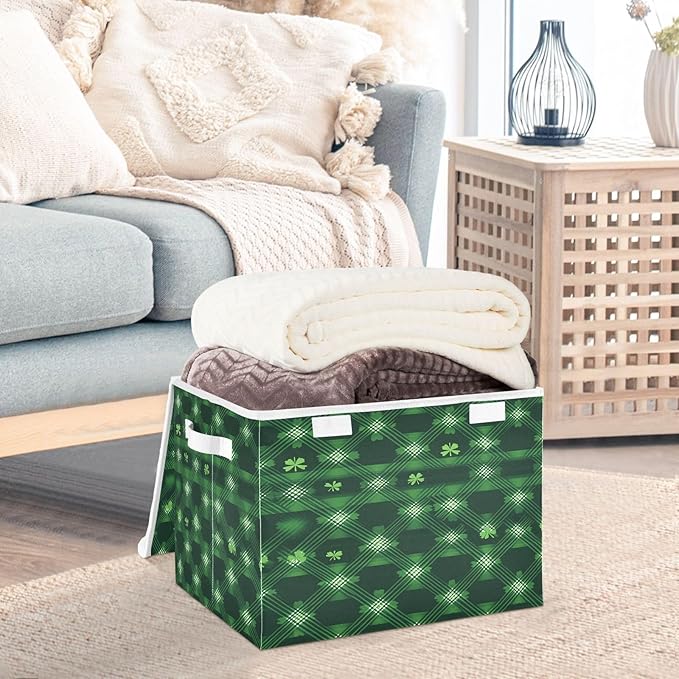 Clover Plaid Fabric Storage Bins with Lids and HandleFoldable Storage Bins with LidsCloset Organizers for Clothes Storage Room Organization Office Storage Chest Organizer