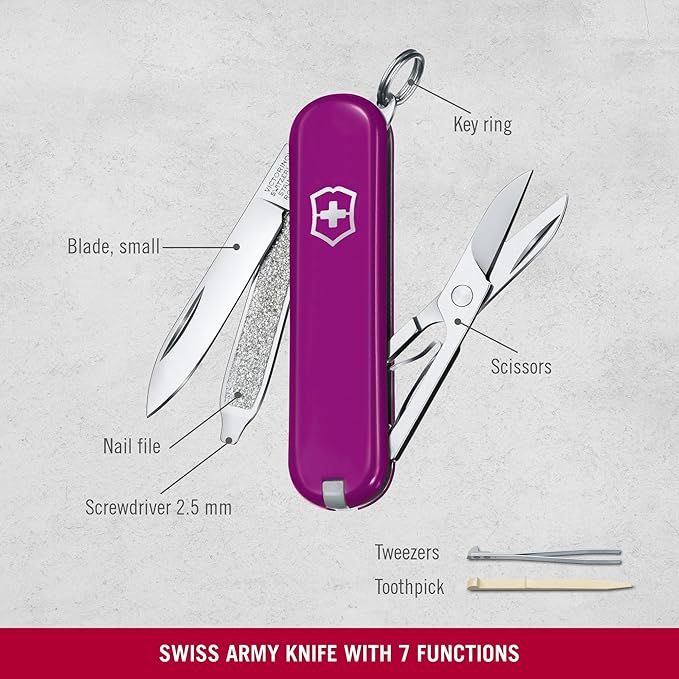 Victorinox Classic SD Swiss Army Knife Compact 7 Functions Swiss Made Pocket Knife with Small Blade Screwdriver and Key Ring - Tasty Grape (Purple)