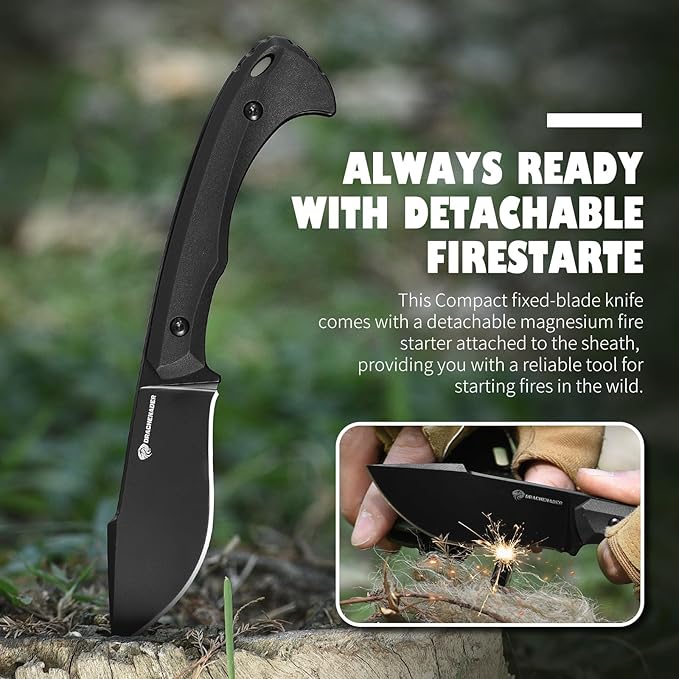 DRACHENADER 7.68 EDC Survival Knife with Fire Starter L-Y Small EDC Full Tang Fixed Blade Knife with Sheath Belt Clip Full Black