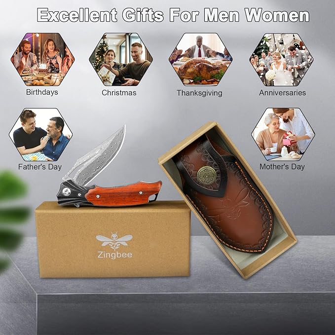 Zingbee Damascus Pocket Knife for Men Women Wood Handle Folding Knife with Sheath 3.15 Damascus Steel Blade Pocket Knives for Outdoor