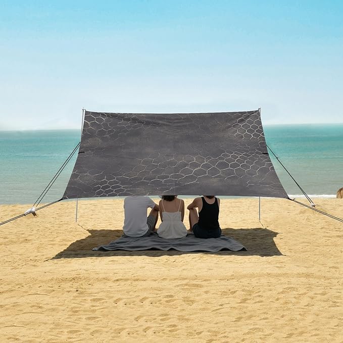 Snake Skin Print Style Darkgray Beach Cabana UPF50+ Protection Waterproof Large Portable Sun Shelter with Sand Shovel for Camping Picnics Backyard