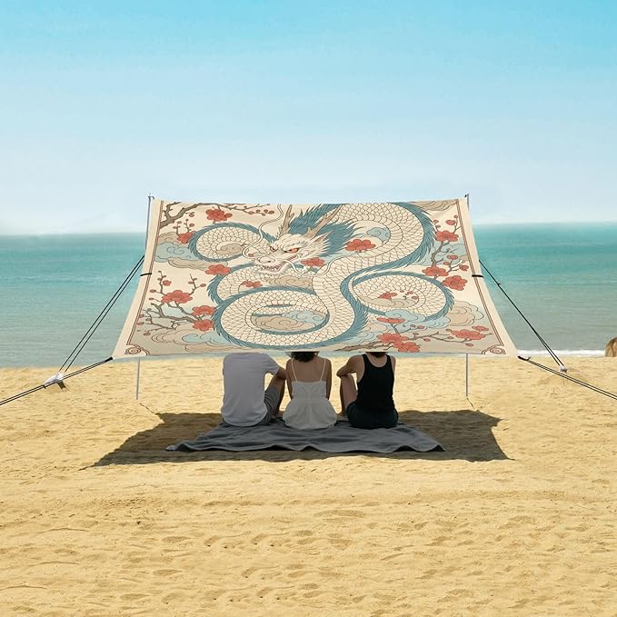 xigua Dragon Beach Tent Sun Shelter with Carrying Bag - Silver Coated Oxford Fabric Beach Canopy for Beach Camping Fishing - Includes Windproof Ropes Sandbags &amp Stakes