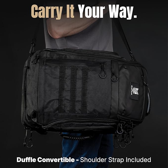 CARGO 48L Tactical Travel Backpack Dual 17 Inch Device Bays RF and NFC Shielded Compartments 1000D Water Resistant Shell MOLLE Compatible Duffel Convertible 3 Day Pack