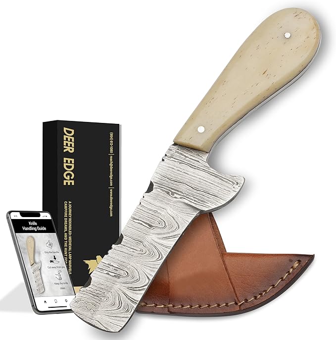 Damascus Steel Knife with Bone Handle Custom Handcrafted Hunting and Survival Knife Full Tang Blade with Leather Sheath - Outdoor Camping EDC and Bushcraft Tool