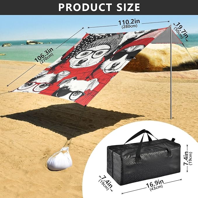 ALAZA Dog Glasses Beach Tent Sun Shelter UPF50+ Protection Beach Shade Canopy w/ 4 Sandbags for Outdoor Camping Fishing Backyard Fun Picnic 10x9 ft