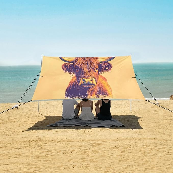 Highland Cow Orange Beach Tent Sun Shelter Set UPF50+ UV Protection 10.5 x 9.19 FT Camping Shade Canopy with Sandbags Sand Anchors Carrying Bag and Others